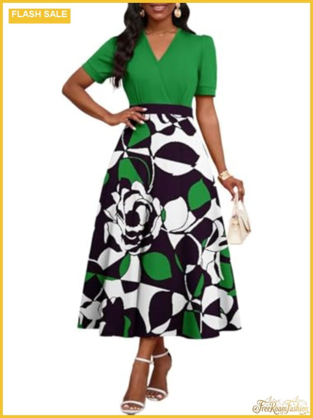 Women's V-Neck Short Sleeve A-Line Midi Dress for Cocktail & Church